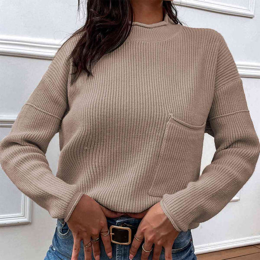 Dropped Shoulder Sweater with Pocket-TOPS / DRESSES-[Adult]-[Female]-Tan-S-2022 Online Blue Zone Planet