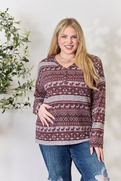 Blue Zone Planet |  Heimish Full Size Christmas Element Buttoned Long Sleeve Top BLUE ZONE PLANET