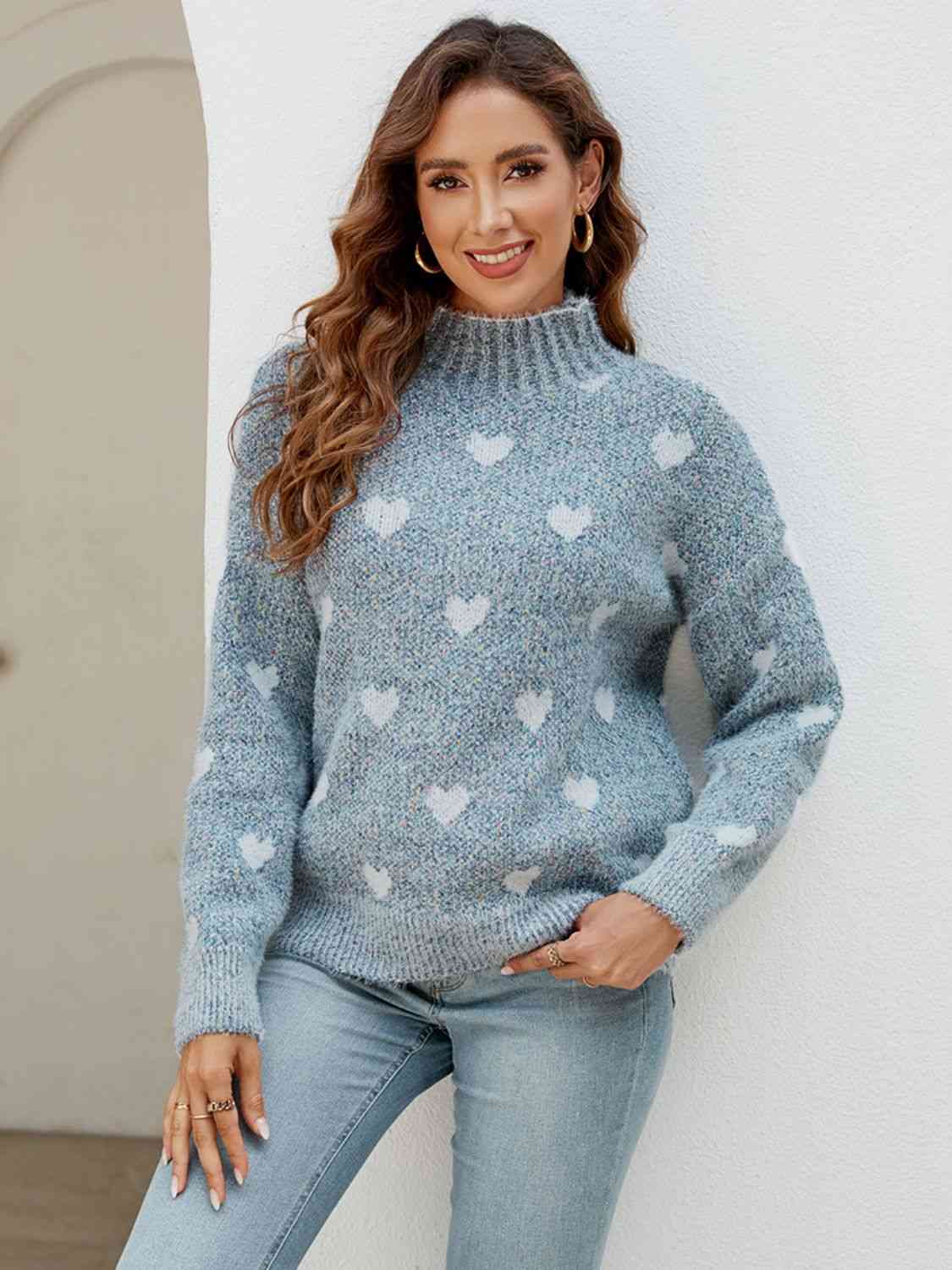 Heart Mock Neck Sweater BLUE ZONE PLANET