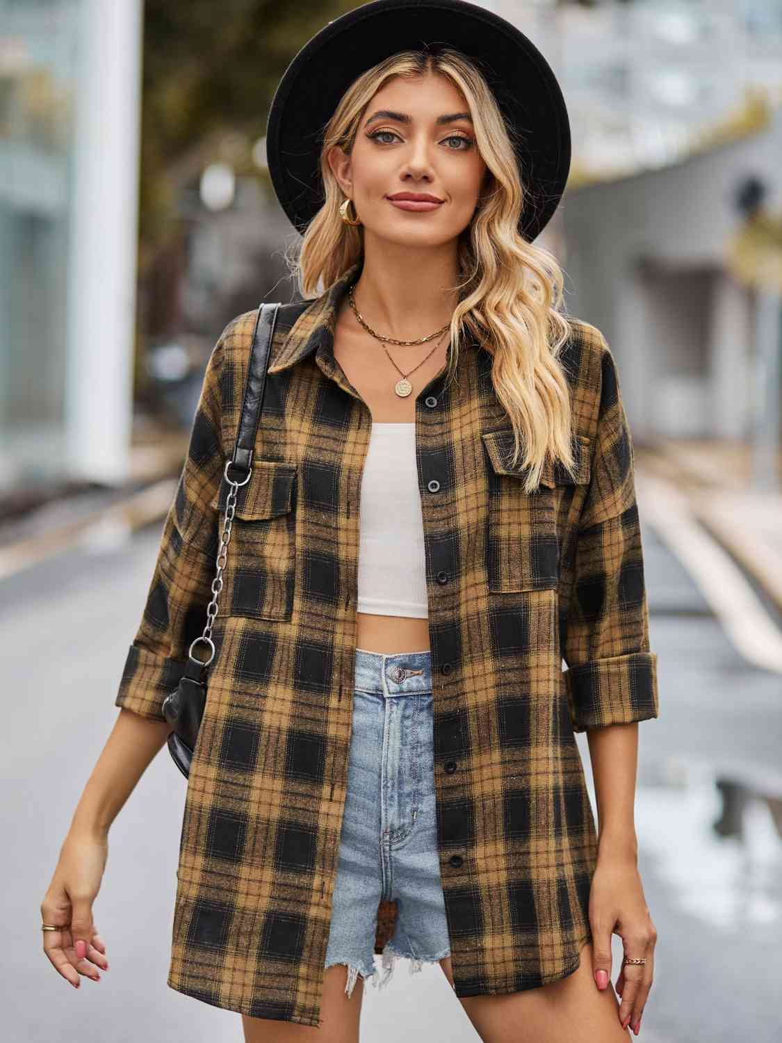 Plaid Collared Neck Button Down Jacket BLUE ZONE PLANET