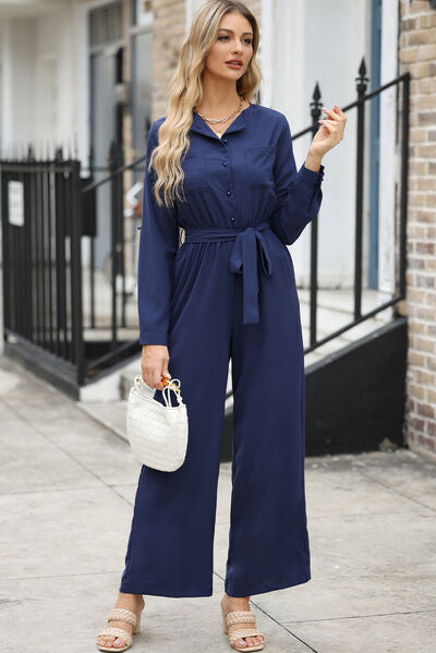 Pocketed Tied Wide Leg Jumpsuit Trendsi