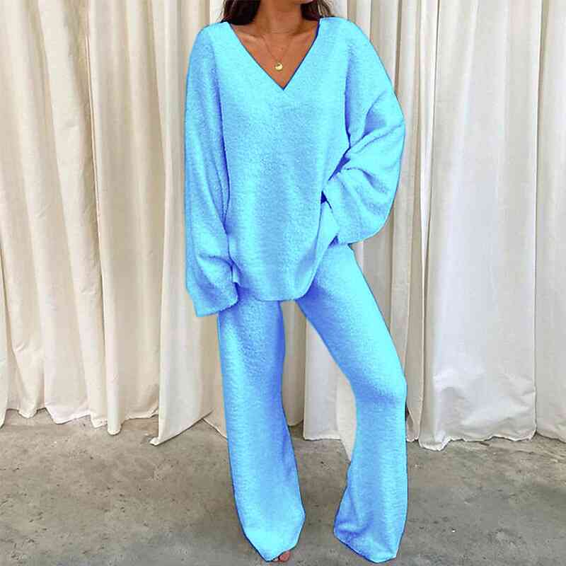 V-Neck Long Sleeve Top and Long Pants Set BLUE ZONE PLANET