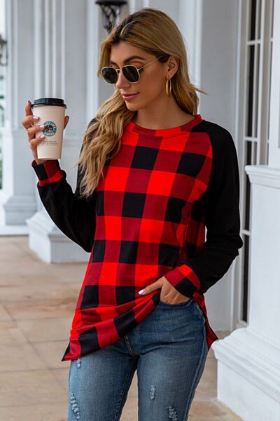 Plaid Round Neck Long Sleeve T-Shirt-TOPS / DRESSES-[Adult]-[Female]-2022 Online Blue Zone Planet