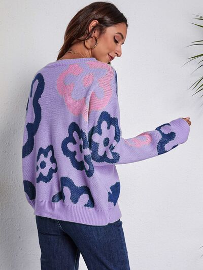 Flower Pattern Round Neck Long Sleeve Sweater BLUE ZONE PLANET