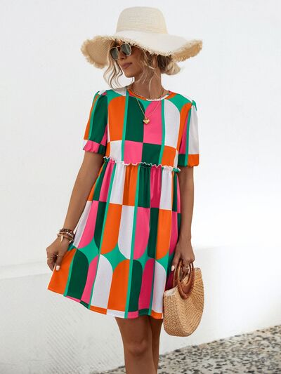 Blue Zone Planet |  Geometric Frill Round Neck Short Sleeve Dress BLUE ZONE PLANET