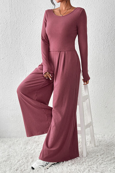 Ribbed Round Neck Top and Wide-Leg Pants Set Trendsi