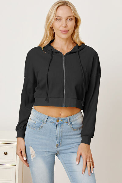 Waffle-Knit Drawstring Zip Up Hoodie Trendsi