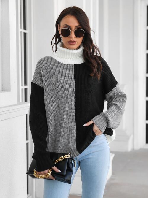 Contrast Turtleneck Long Sleeve Sweater BLUE ZONE PLANET