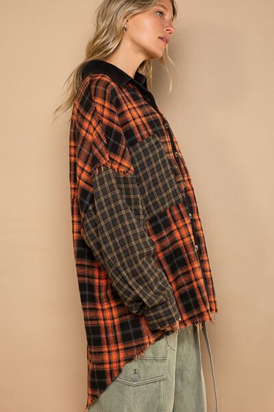 POL Plaid Contrast Long Sleeve Raw Hem Shacket with Chest Pockets Trendsi