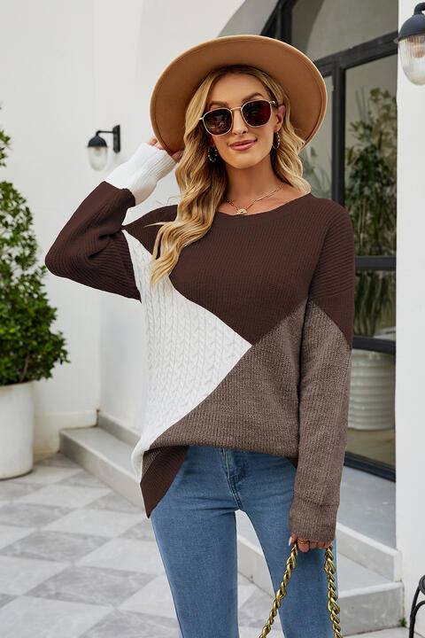 Color Block Round Neck Sweater BLUE ZONE PLANET