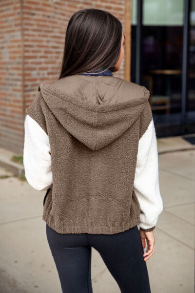 Fuzzy Zip Up Drawstring Hooded Jacket Trendsi