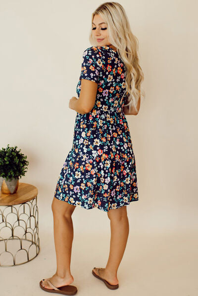 Floral Round Neck Short Sleeve Mini Dress-TOPS / DRESSES-[Adult]-[Female]-2022 Online Blue Zone Planet