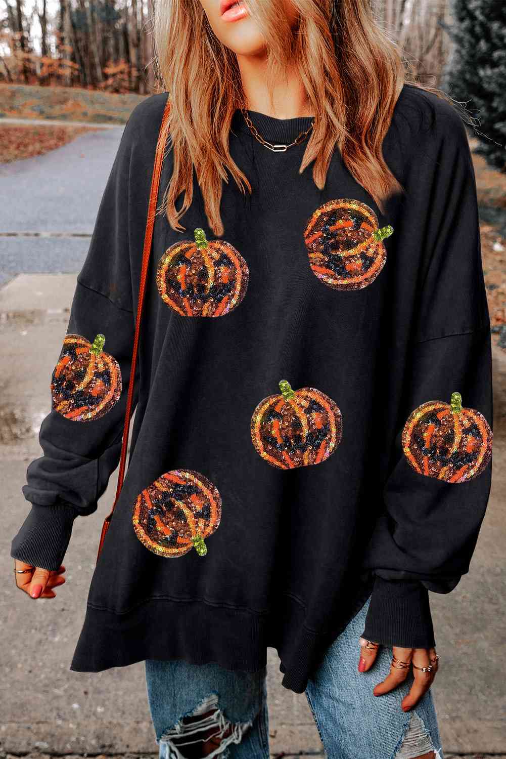 Pumpkin Print Dropped Shoulder Sweatshirt BLUE ZONE PLANET