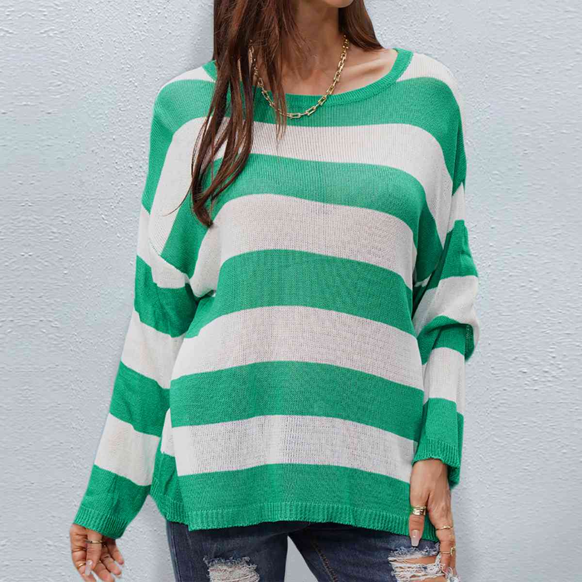 Striped Boat Neck Round Neck Sweater BLUE ZONE PLANET