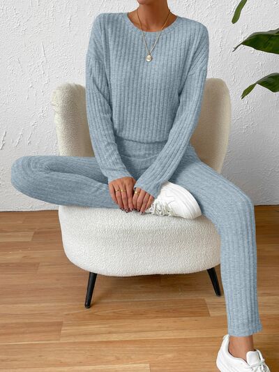 Blue Zone Planet |  Ribbed Round Neck Top and Pants Set BLUE ZONE PLANET