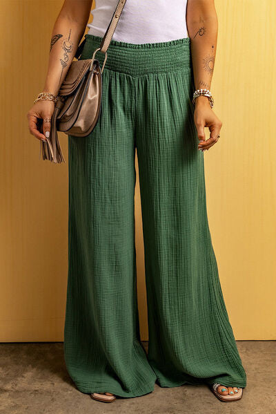 Smocked Waist Texture Wide Leg Pants BLUE ZONE PLANET