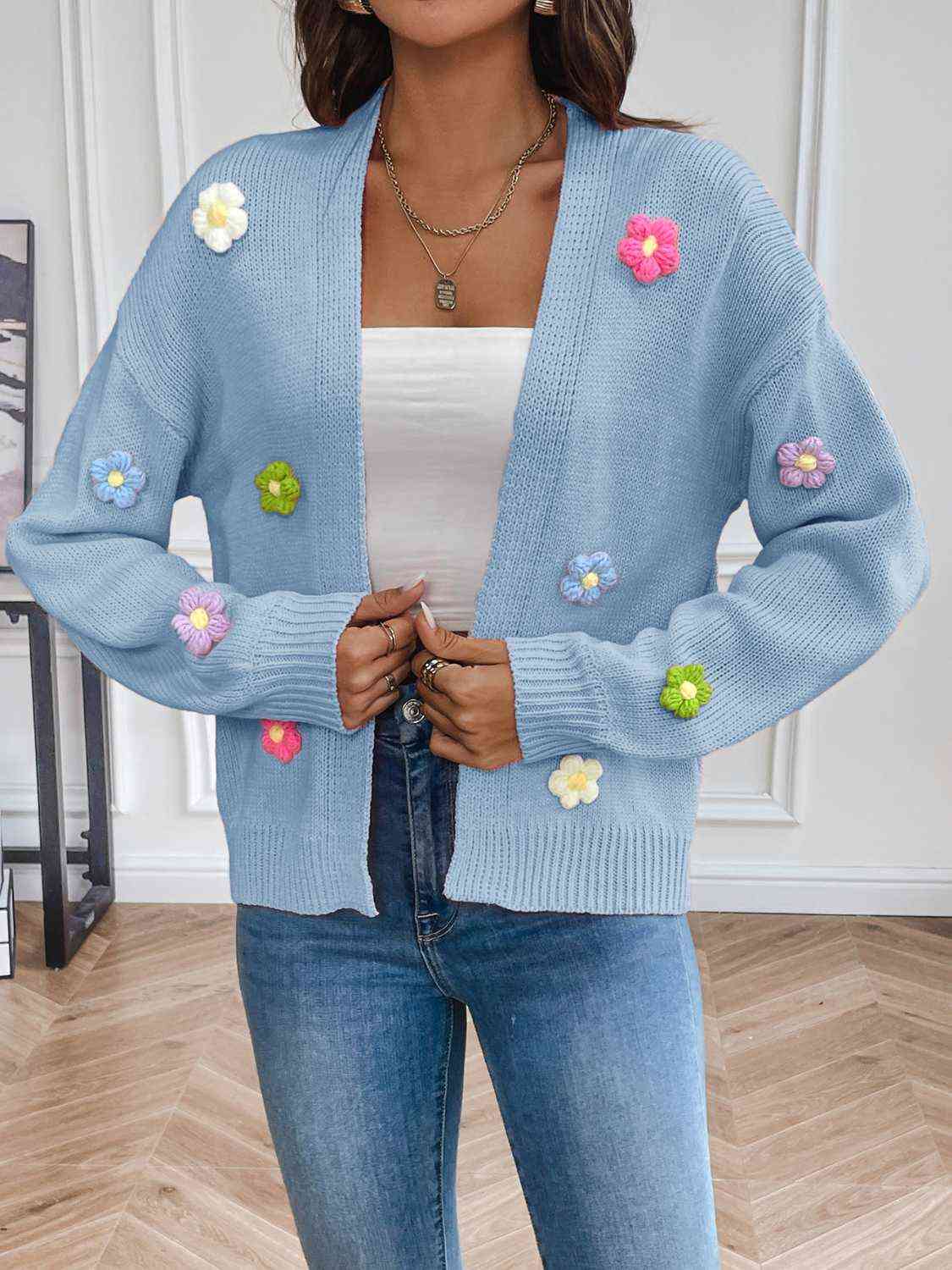 Floral Long Sleeve Open Front Cardigan BLUE ZONE PLANET