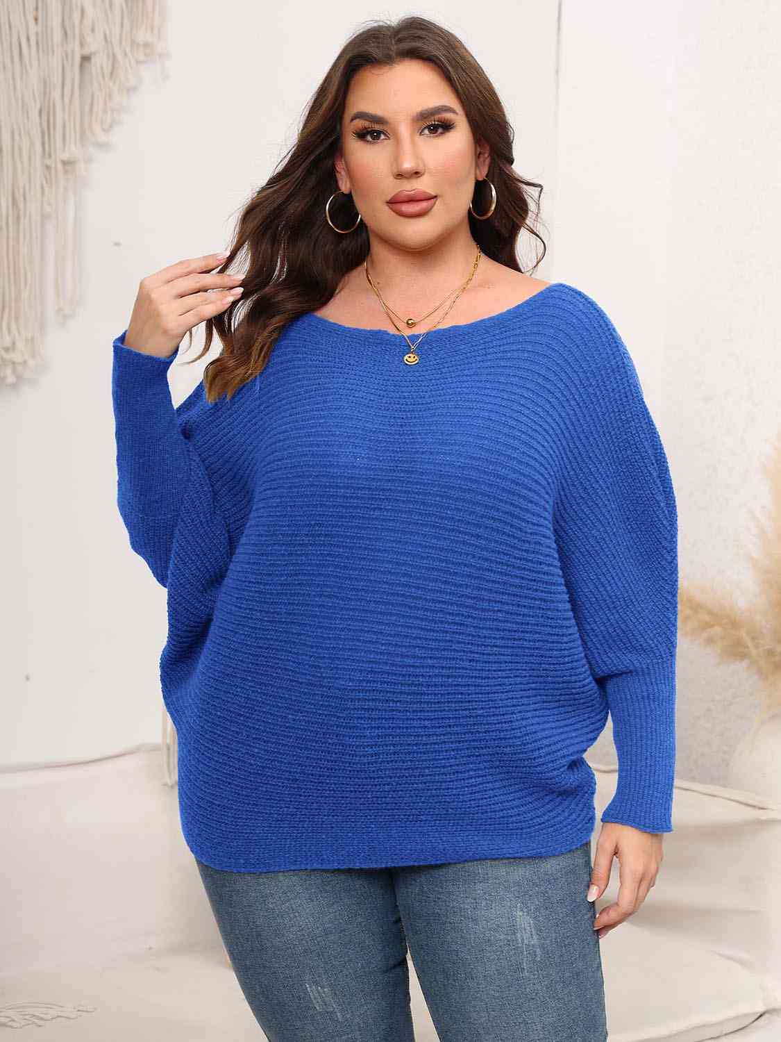 Full Size Boat Neck Batwing Sleeve Sweater BLUE ZONE PLANET