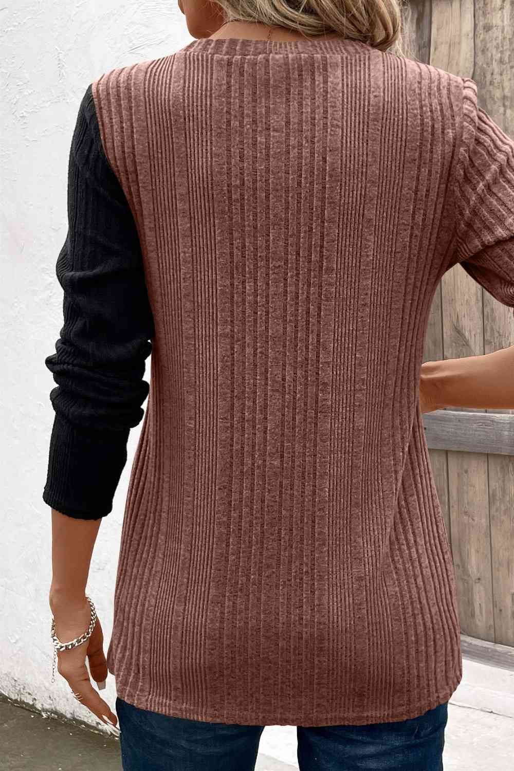 Contrast Long Sleeve Knit Top BLUE ZONE PLANET