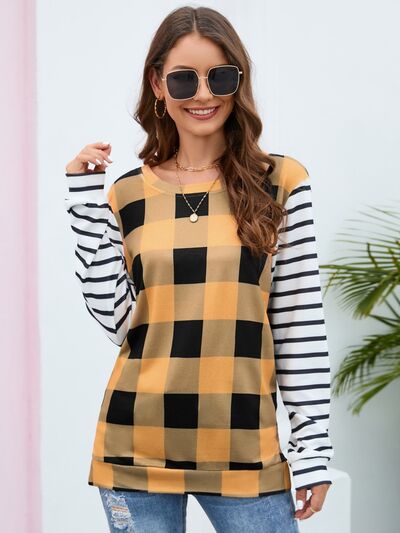 Plaid Striped Round Neck Long Sleeve T-Shirt-TOPS / DRESSES-[Adult]-[Female]-2022 Online Blue Zone Planet