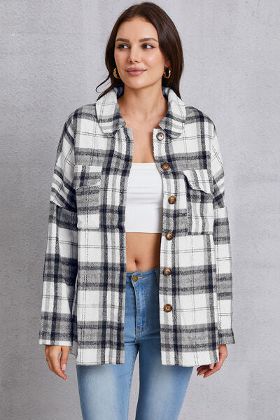 Plaid Button Up Dropped Shoulder Outerwear-TOPS / DRESSES-[Adult]-[Female]-Heather Gray-S-2022 Online Blue Zone Planet