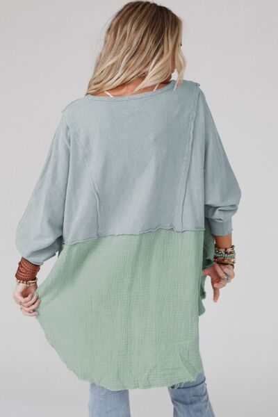 Contrast Texture Round Neck Long Sleeve Blouse BLUE ZONE PLANET