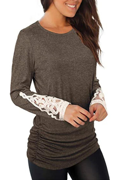 Lace Detail Long Sleeve Round Neck T-Shirt BLUE ZONE PLANET