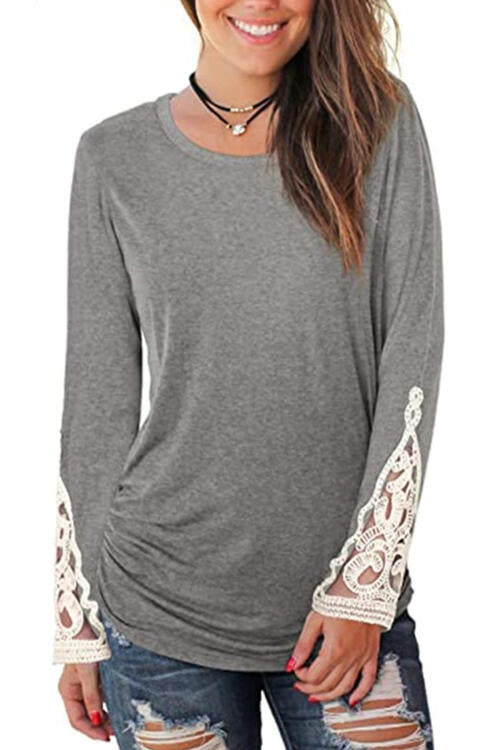 Lace Detail Long Sleeve Round Neck T-Shirt BLUE ZONE PLANET