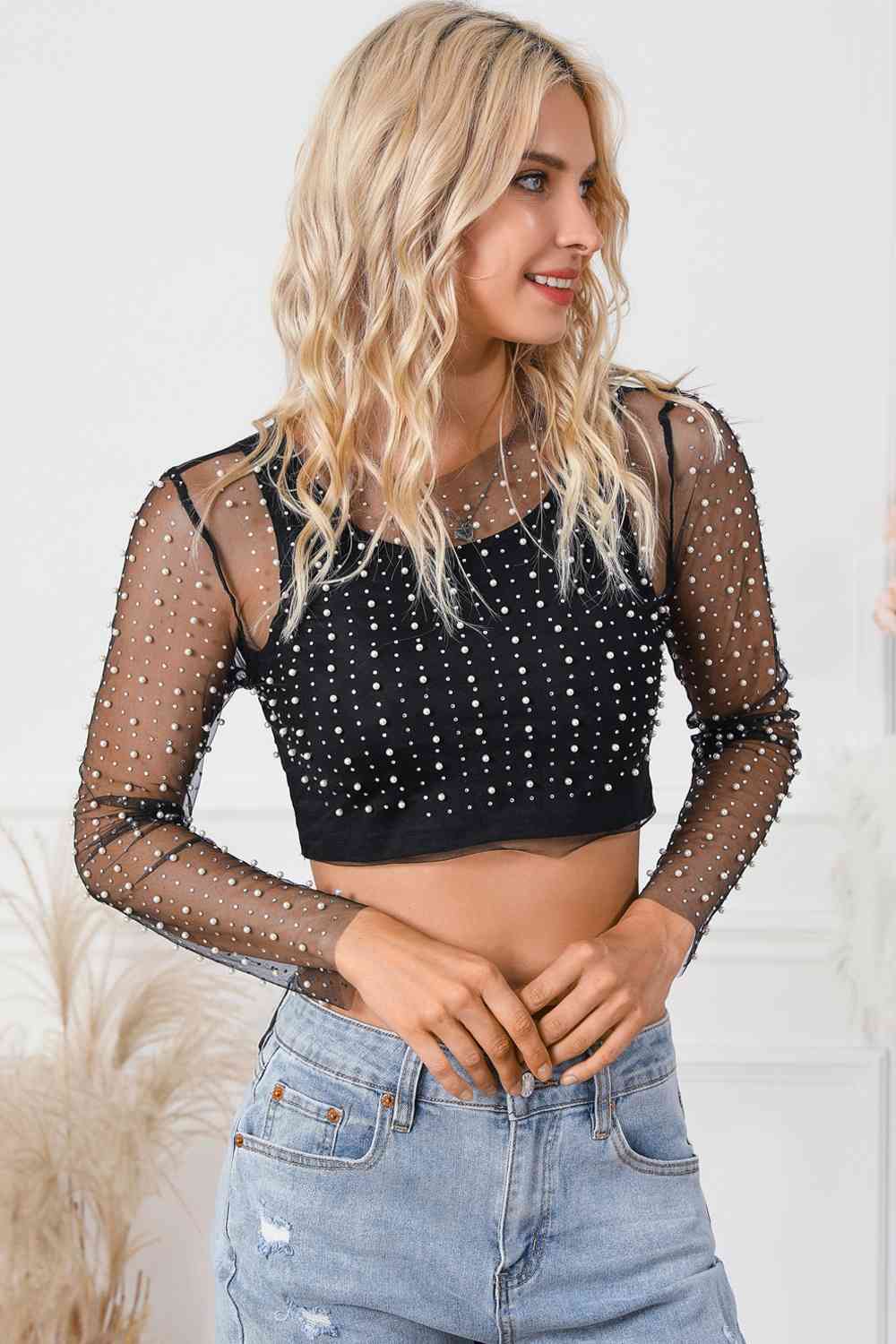 Pearl Long Sleeve Mesh Cropped Top BLUE ZONE PLANET