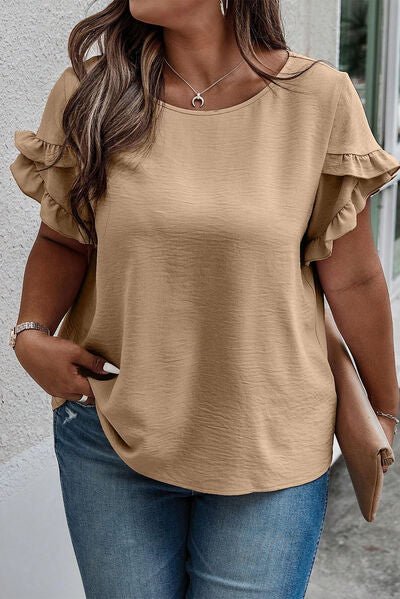 Blue Zone Planet |  Plus Size Ruffled Petal Sleeve Round Neck T-Shirt BLUE ZONE PLANET