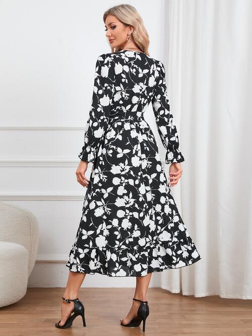 Floral Surplice Flounce Sleeve Ruffle Hem Dress BLUE ZONE PLANET