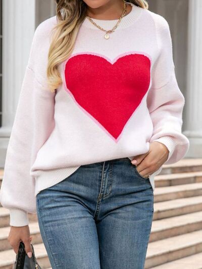 Heart Round Neck Long Sleeve Sweater Trendsi