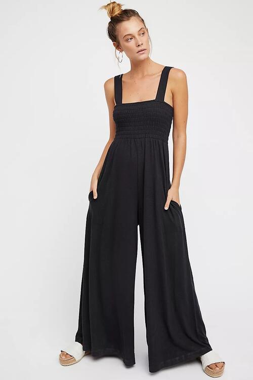 Smocked Wide Strap Jumpsuit BLUE ZONE PLANET