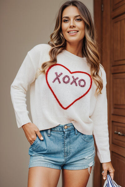 Blue Zone Planet |  XOXO Heart Round Neck Dropped Shoulder Sweater BLUE ZONE PLANET