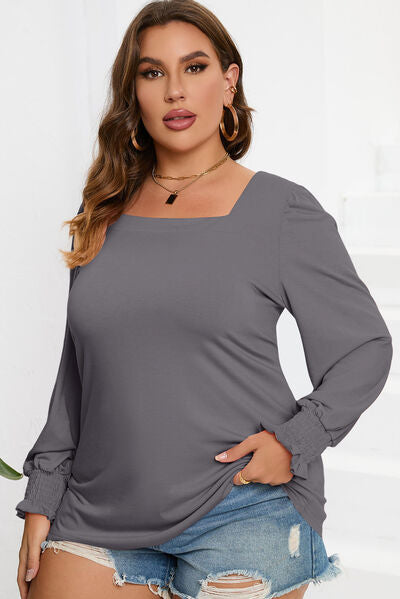 Plus Size Square Neck Lantern Sleeve T-Shirt-TOPS / DRESSES-[Adult]-[Female]-2022 Online Blue Zone Planet