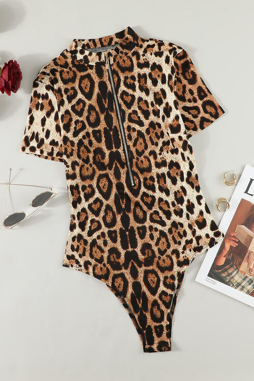 Leopard Half Zip Short Sleeve Bodysuit BLUE ZONE PLANET