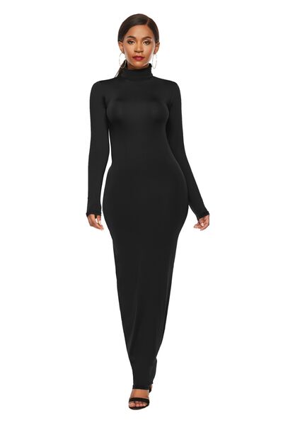 Mock Neck Long Sleeve Maxi Slim Dress BLUE ZONE PLANET