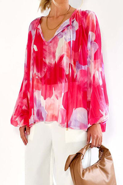 Blue Zone Planet |  Printed Tie Neck Balloon Sleeve Blouse BLUE ZONE PLANET