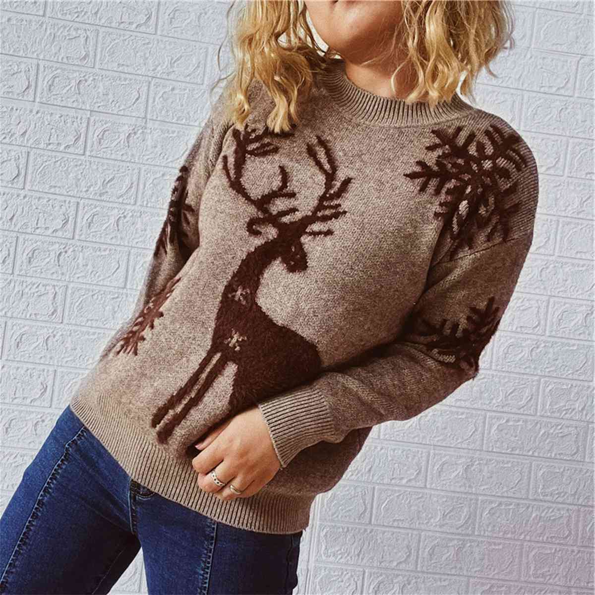 Reindeer and Snowflake Pattern Sweater BLUE ZONE PLANET