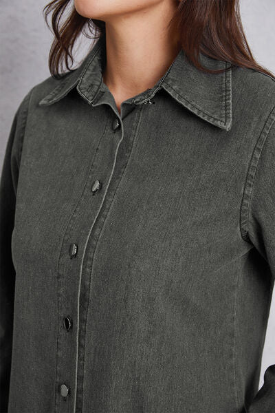 Collared Neck Button Up Denim Top Trendsi