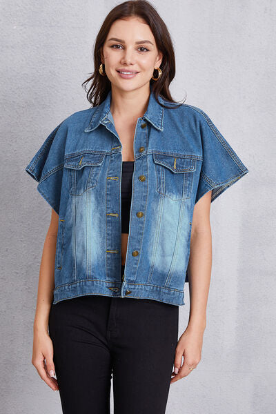 Pocketed Button Up Short Sleeve Denim Top-TOPS / DRESSES-[Adult]-[Female]-2022 Online Blue Zone Planet