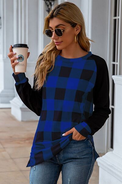 Plaid Round Neck Long Sleeve T-Shirt-TOPS / DRESSES-[Adult]-[Female]-2022 Online Blue Zone Planet