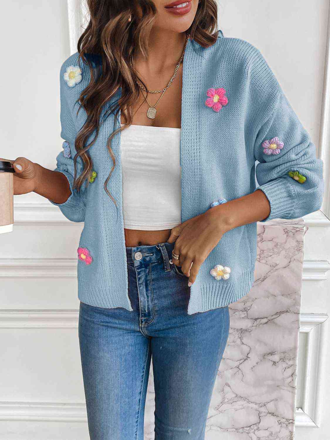 Floral Long Sleeve Open Front Cardigan BLUE ZONE PLANET