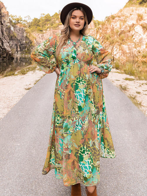 Plus Size Floral V-Neck Long Sleeve Dress BLUE ZONE PLANET