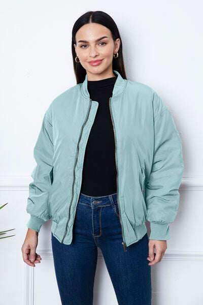 Ruched Zip Up Dropped Shoulder Jacket BLUE ZONE PLANET