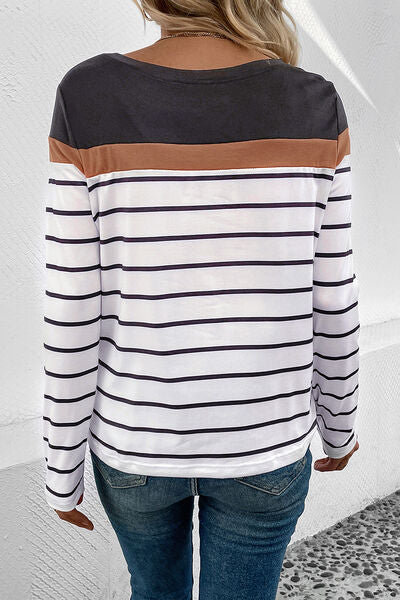 Blue Zone Planet |  Striped Round Neck Long Sleeve T-Shirt BLUE ZONE PLANET