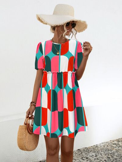 Blue Zone Planet |  Geometric Frill Round Neck Short Sleeve Dress BLUE ZONE PLANET