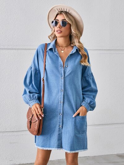 Button Up Pocketed Raw Hem Denim Dress Trendsi