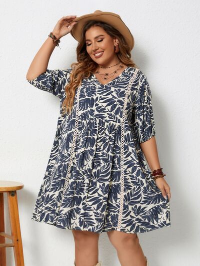 Plus Size Printed V-Neck Half Sleeve Mini Dress BLUE ZONE PLANET