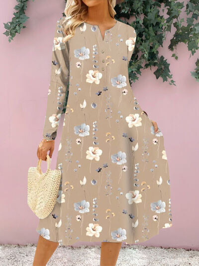 Floral Notched Long Sleeve Midi Dress BLUE ZONE PLANET